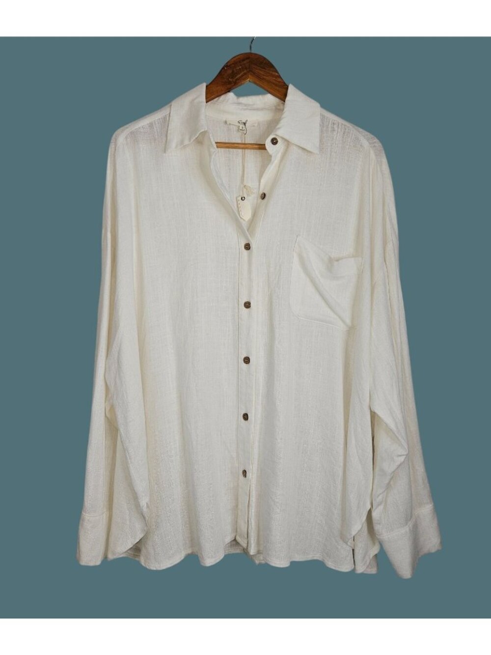 EASEL Off White Relaxed Fit Lagenlook Coastal Button Up Back Slit Shirt Women S